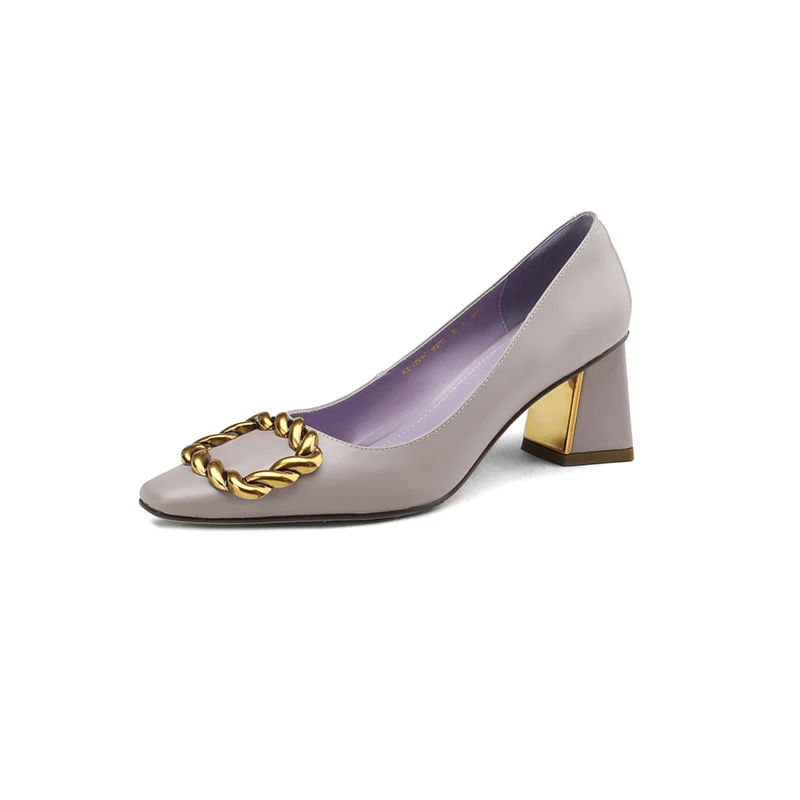 Genuine leather square high heels pumps for office