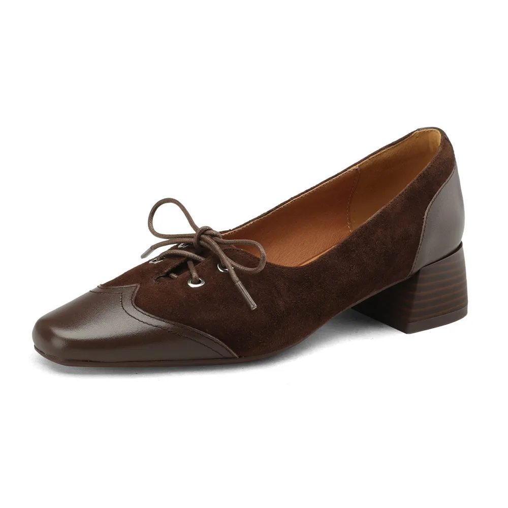 Genuine leather thick heel office pumps