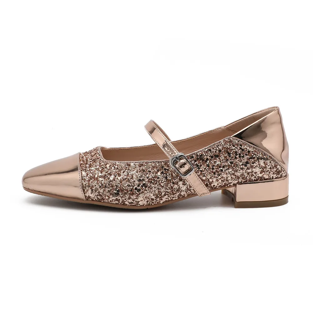 Bling women’s low heel leather mary jane pumps