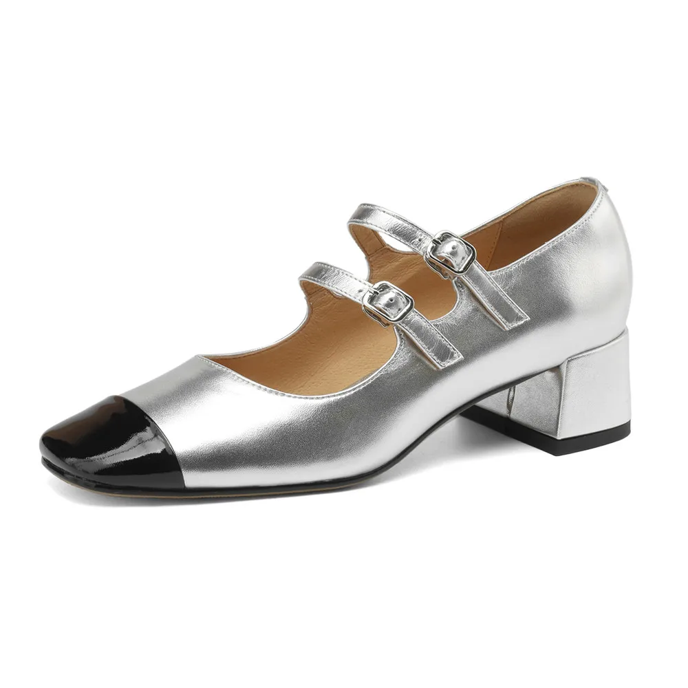 Mixed color thick heel square toe mary jane pumps