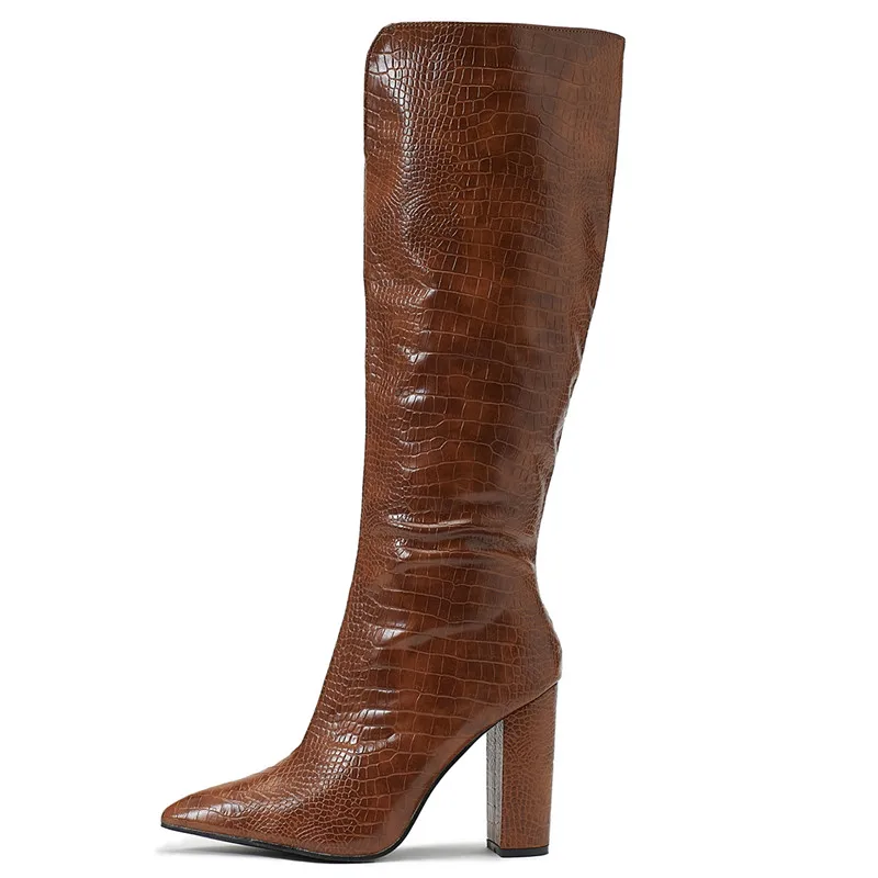 Thick high heels knee high boots with zipper