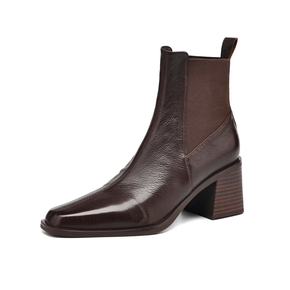 Genuine leather chunky heel ankle boots