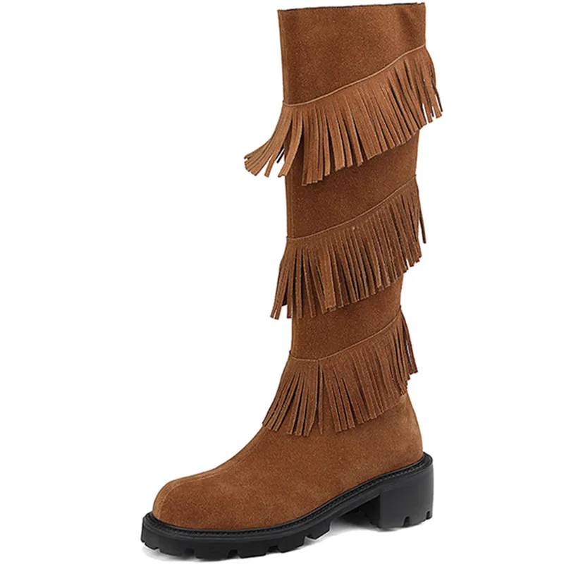Fringe cow suede knee high heels boots