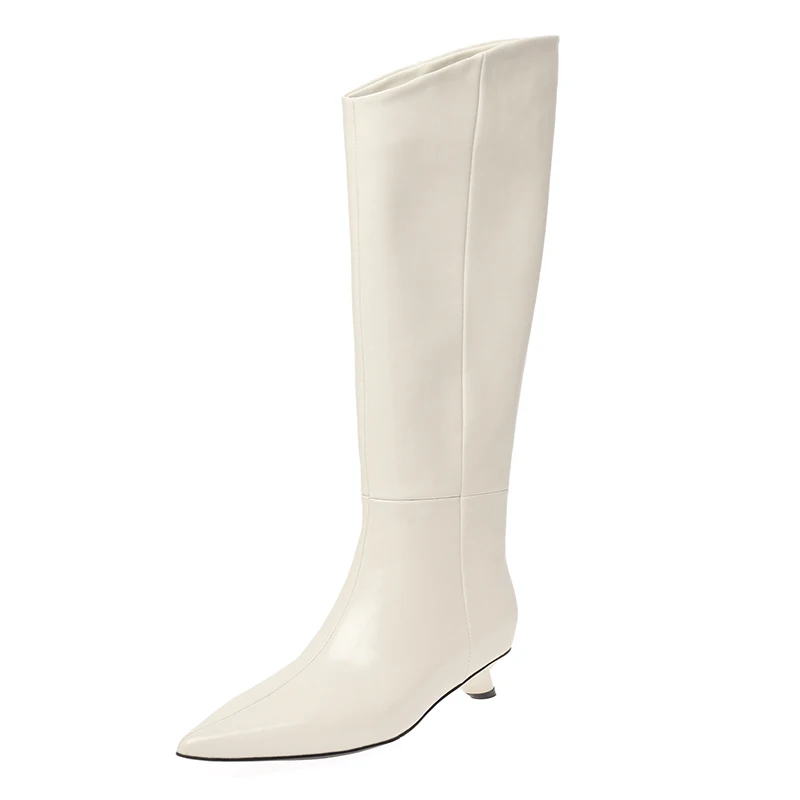 Knee high real leather boots with kitten heels for wide calves