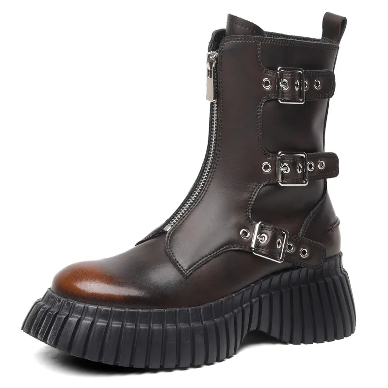 Genuine leather zipper ankle boots with buckle and platform heels