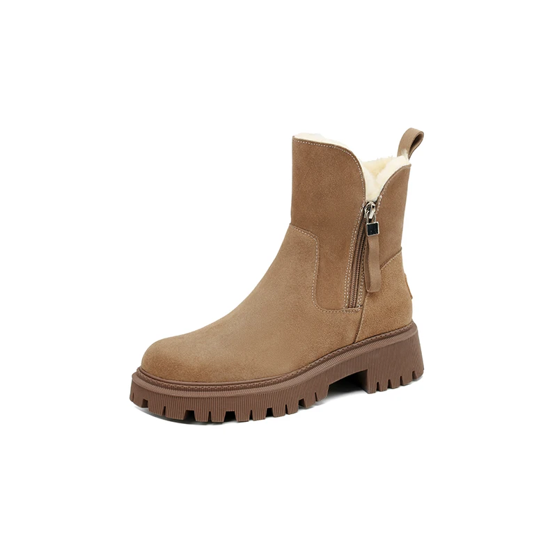 Warm snow boots with wool and leather ankle zipper