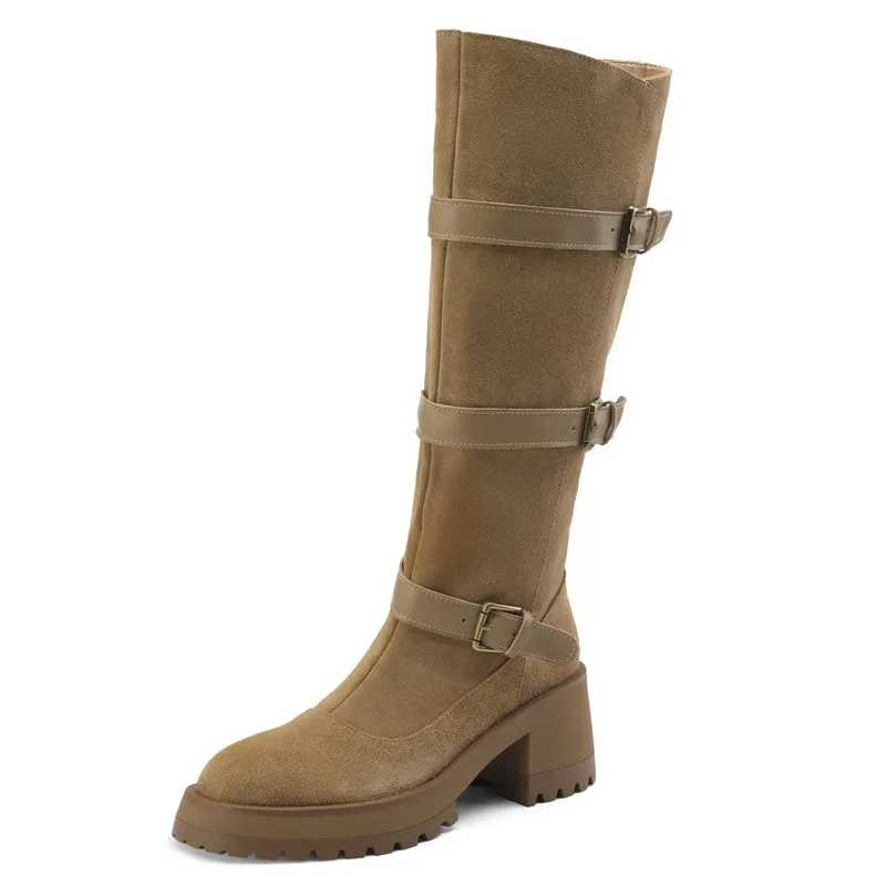 Suede knee high platform boots with buckle