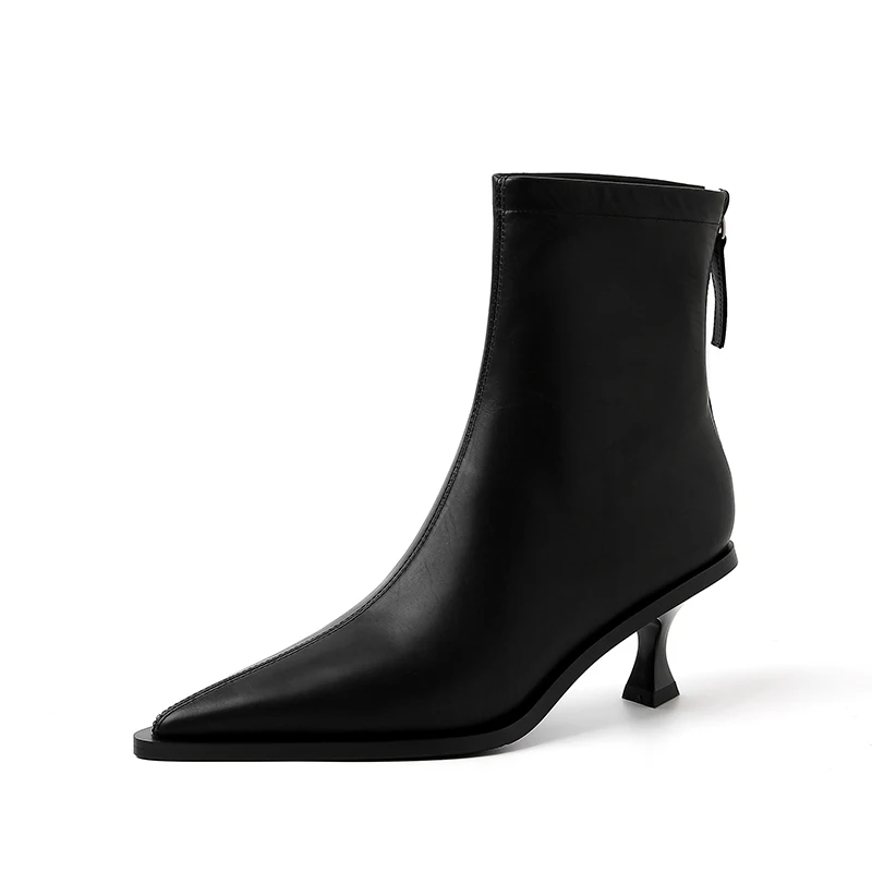Pointed toe high heel ankle boots in black leather