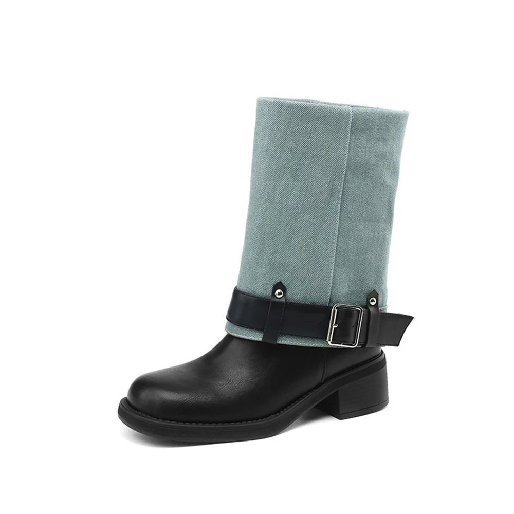 Mid-calf high heel motorcycle boots with buckles