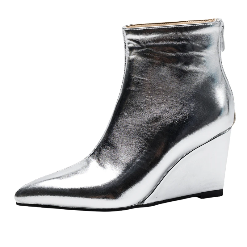 Pointed toe high heel wedge ankle boots with zipper in silver and gold