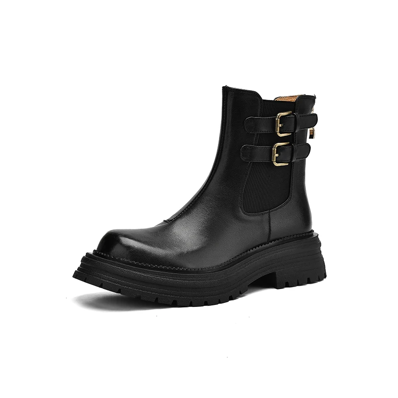Autumn genuine leather chunky heel ankle boots