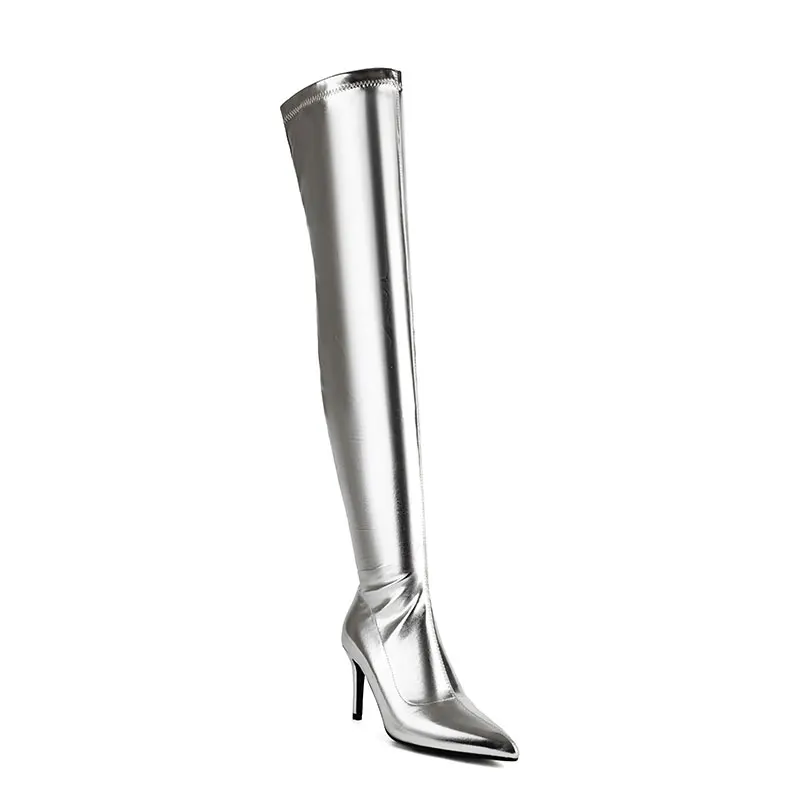 Thigh high elastic heeled winter boots