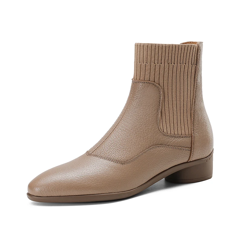 Genuine leather high heel ankle boots with round toe