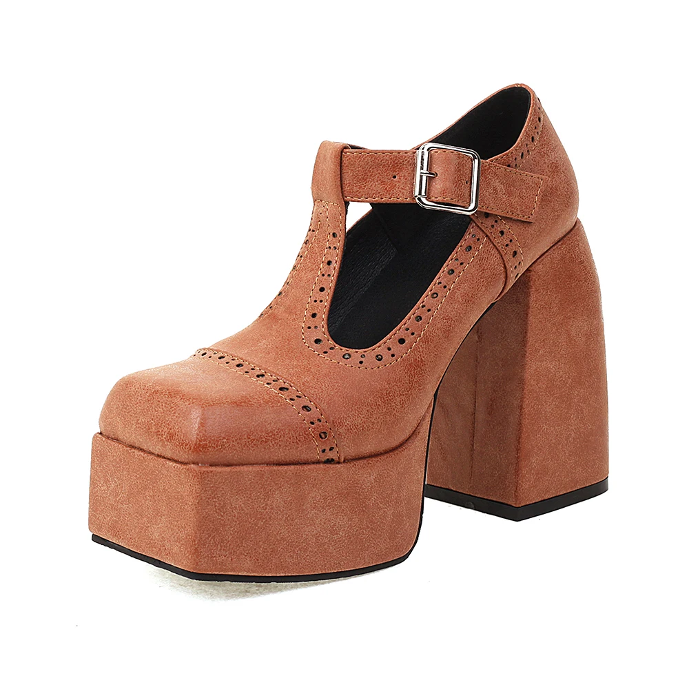Retro color high heel platform pumps with metal buckle