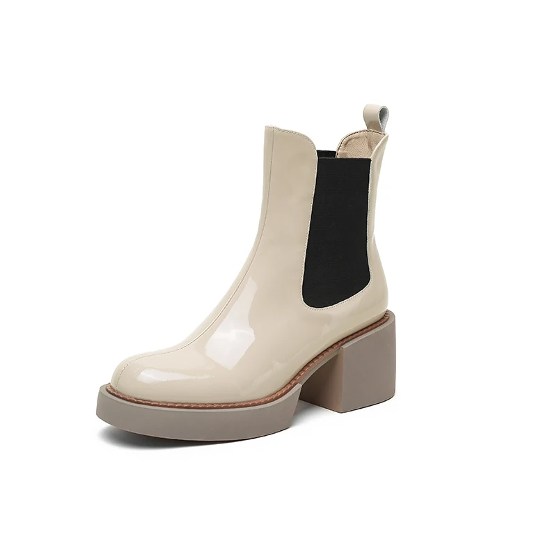 Leather ankle boots with square heels and non-slip sole
