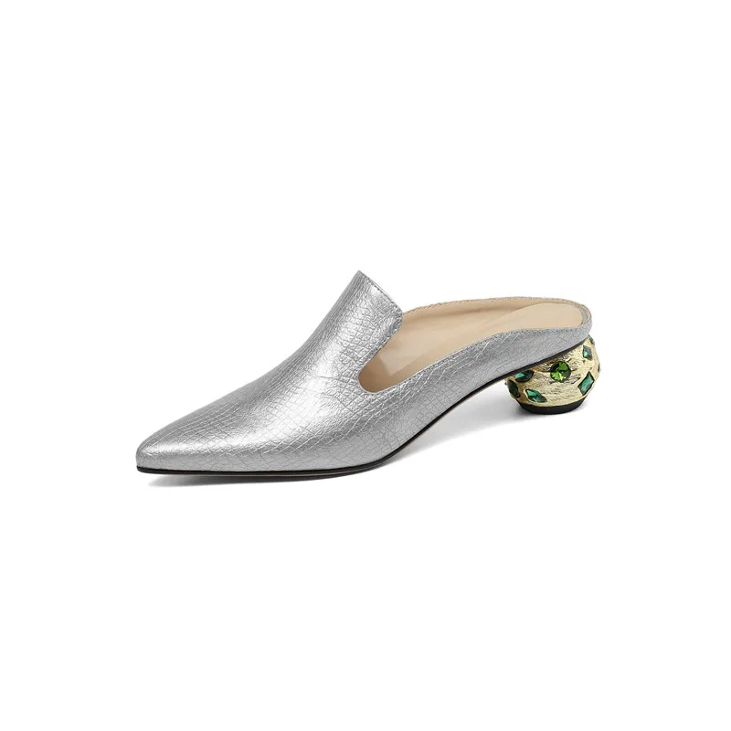 Thick heels rhinestone pointed toe leather mules sandals