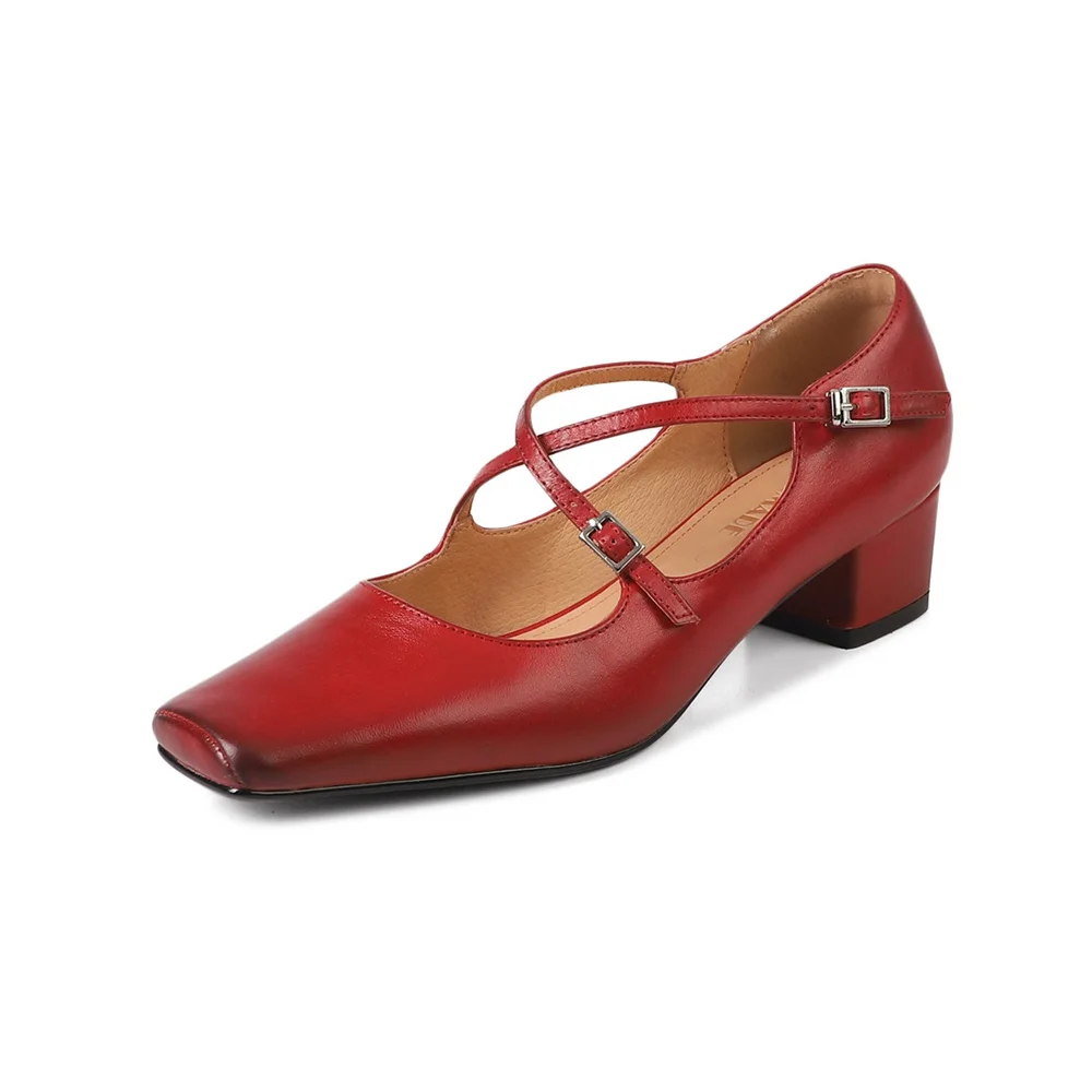Genuine leather square toe high heeled mary janes