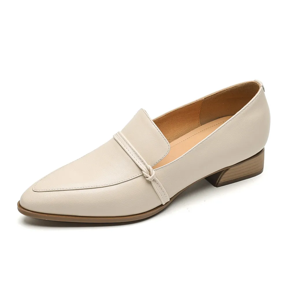 Pointed toe thick heels genuine leather pumps