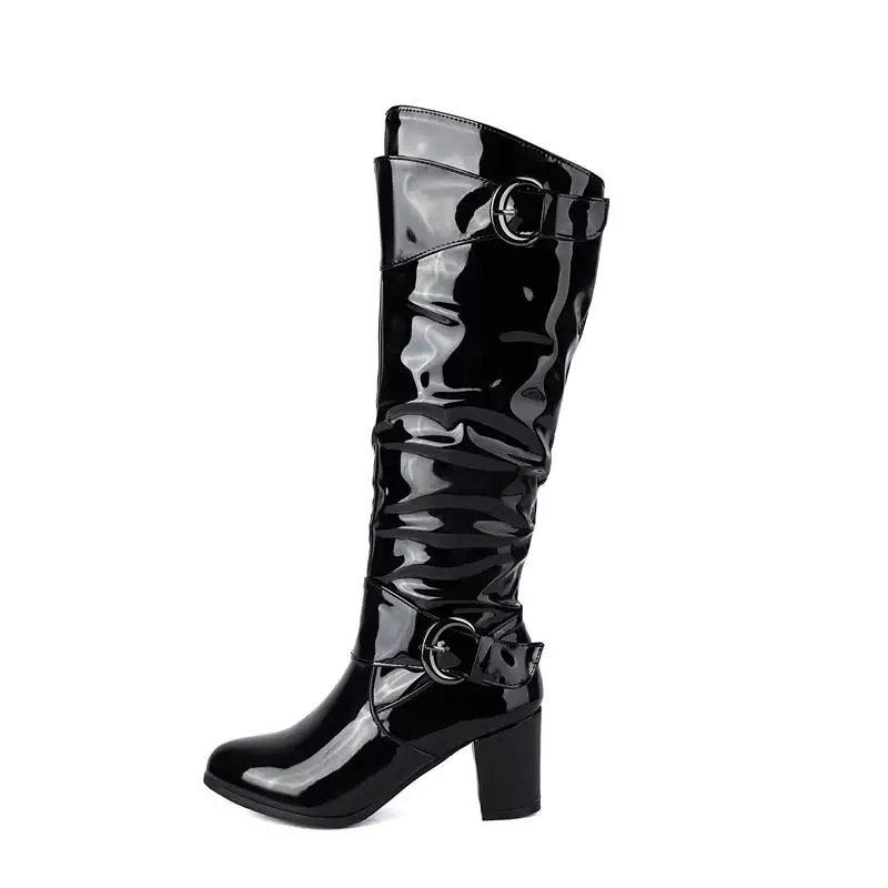 Plus size block high heels knee high boots with zipper and buckle