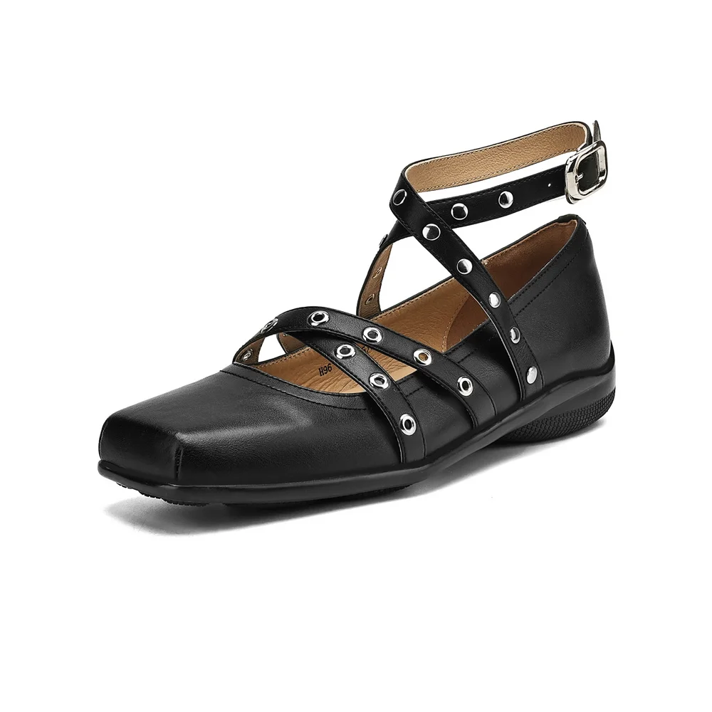 Punk style low heel rivet pumps with buckle strap