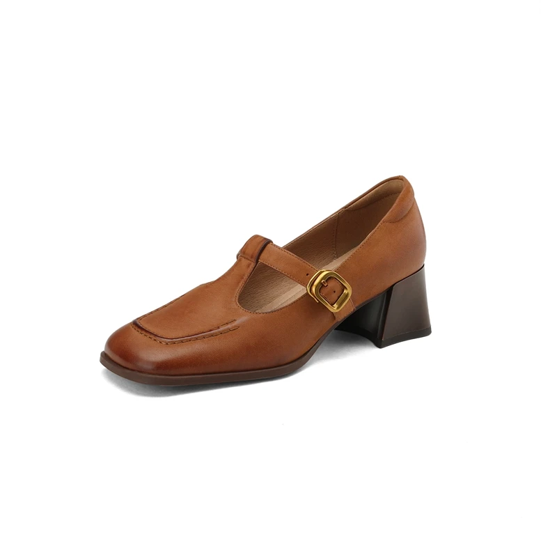 Genuine leather square toe chunky heel mary janes
