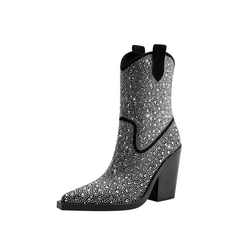 Water diamond high heel pointed short boots
