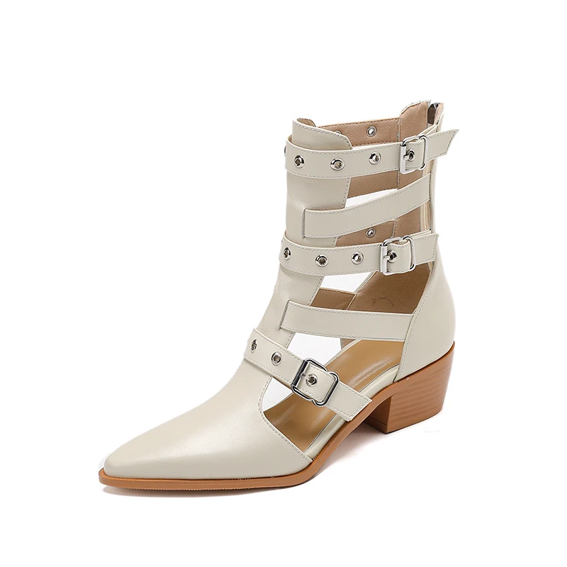 Pointed leather mid heel short boots with rivet buckle