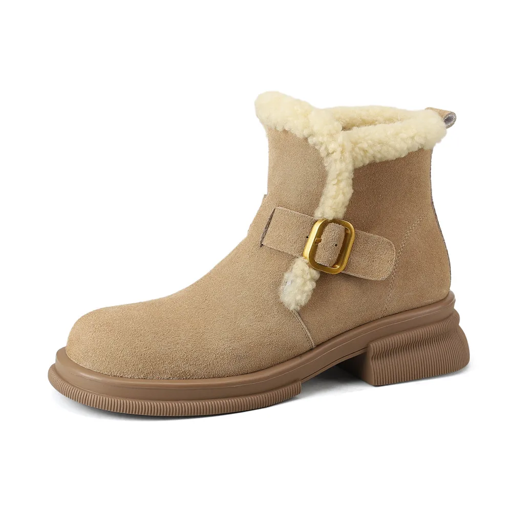 Round toe ankle boots with belt buckle in cow suede leather