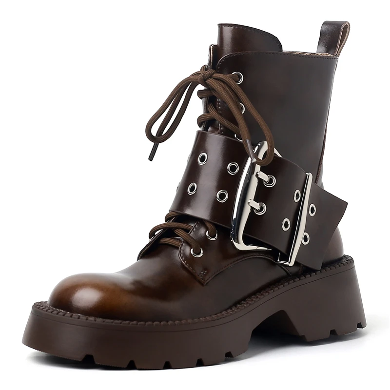 Genuine leather motorcycle ankle boots with buckle