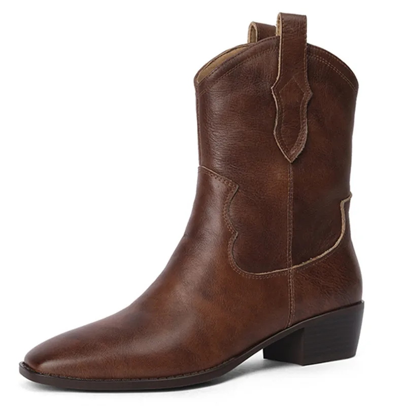 Retro square toe slip on mid calf boots with square heels in genuine leather