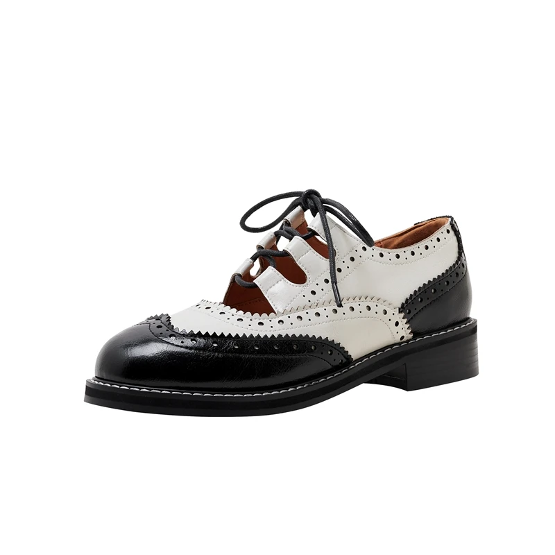 Hollow out leather lace up round head heels