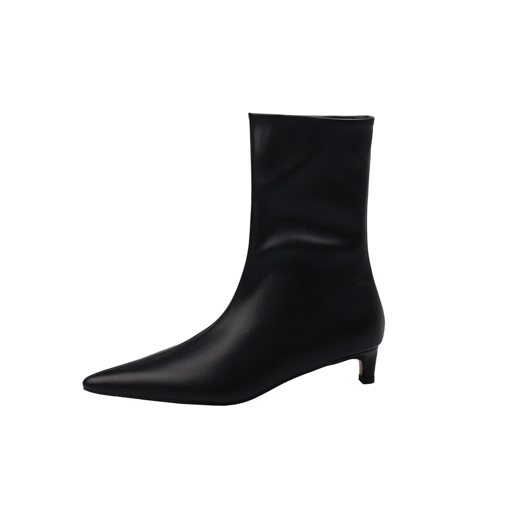 Genuine leather mid-calf pointed toe boots