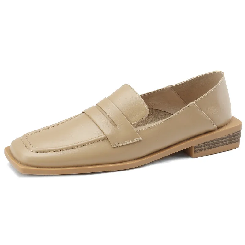 Genuine leather square toe low heels pumps