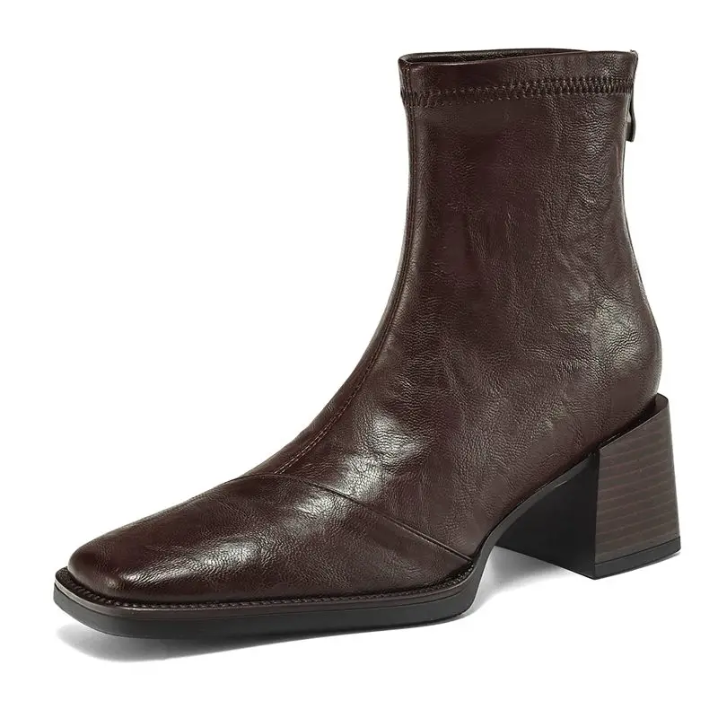 Real leather stretch ankle boots with zipper and chunky heels