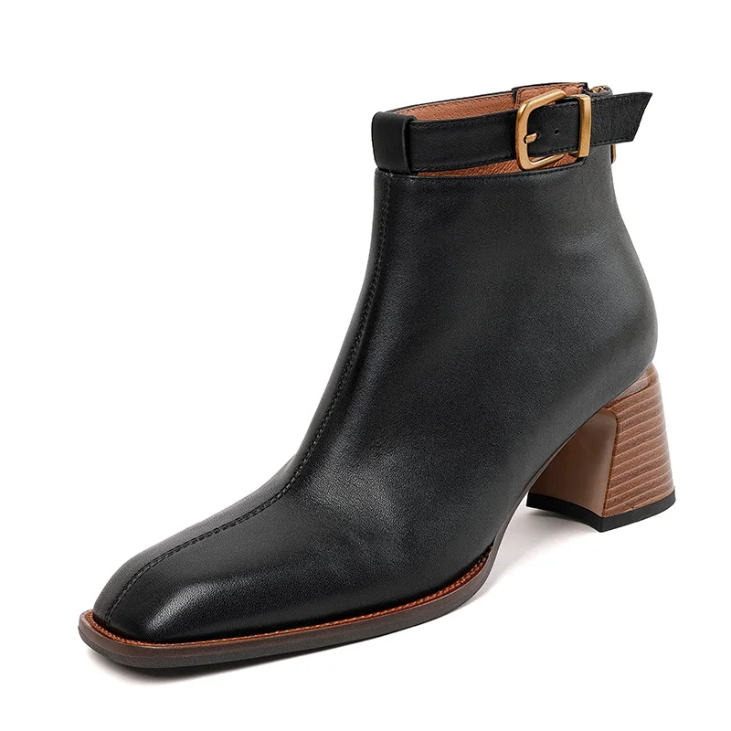 Retro leather ankle boots with chunky heels and buckle