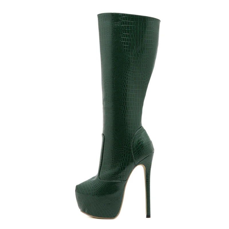 Knee-high zipper boots with thin heels and round toe