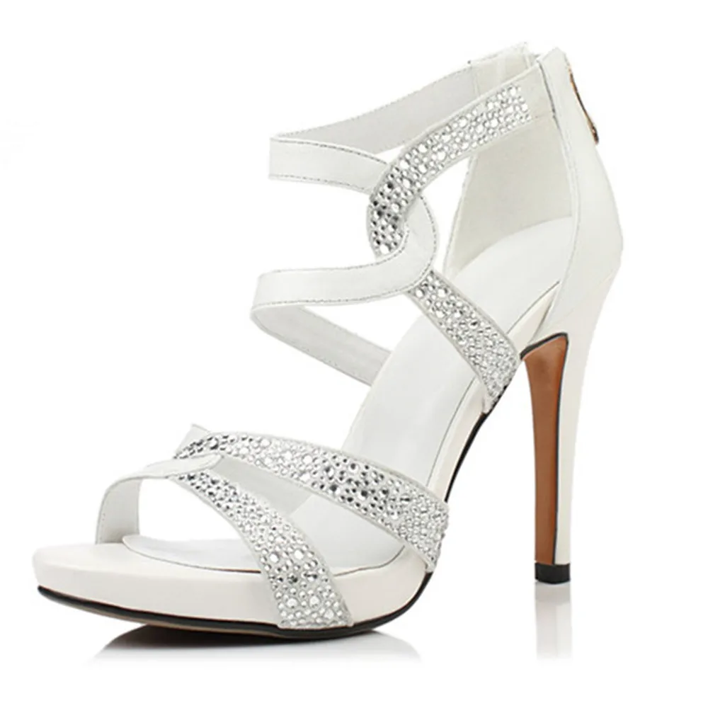 Genuine leather high heels with rhinestone ankle buckles