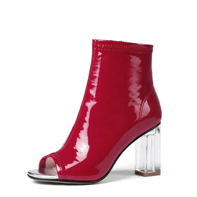 Peep toe chunky heel ankle boots in black and red