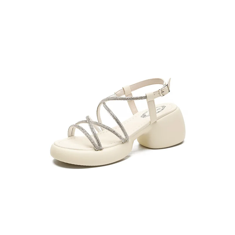 Rhinestone open toe wedge sandals with chunky heel