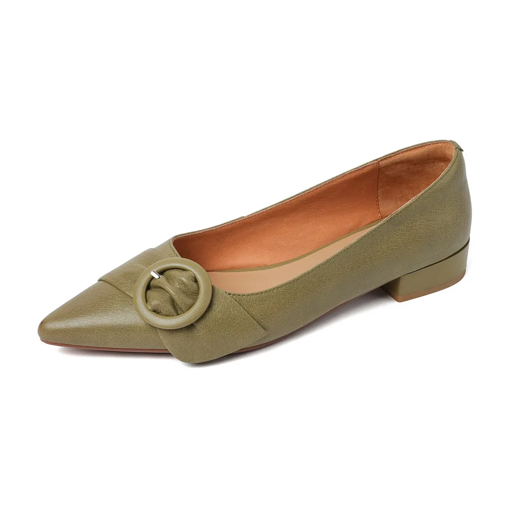 Genuine leather low heel pointed toe office pumps