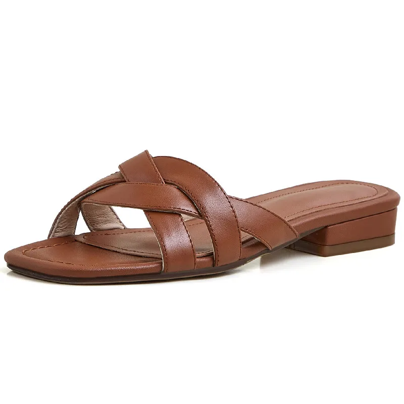 Casual low heeled genuine leather weave sandals