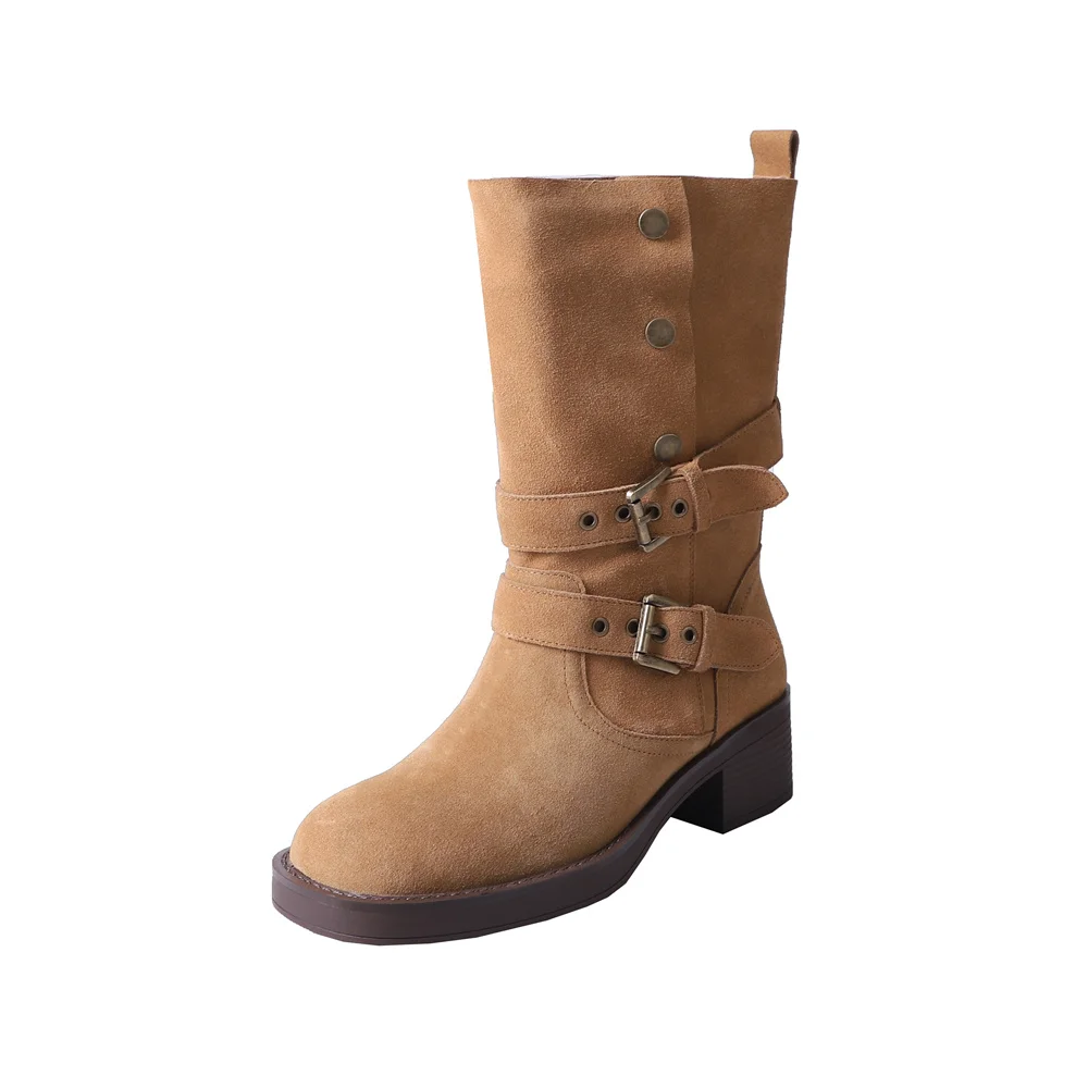 Suede leather mid-calf motorcycle boots with thick heels and buckles