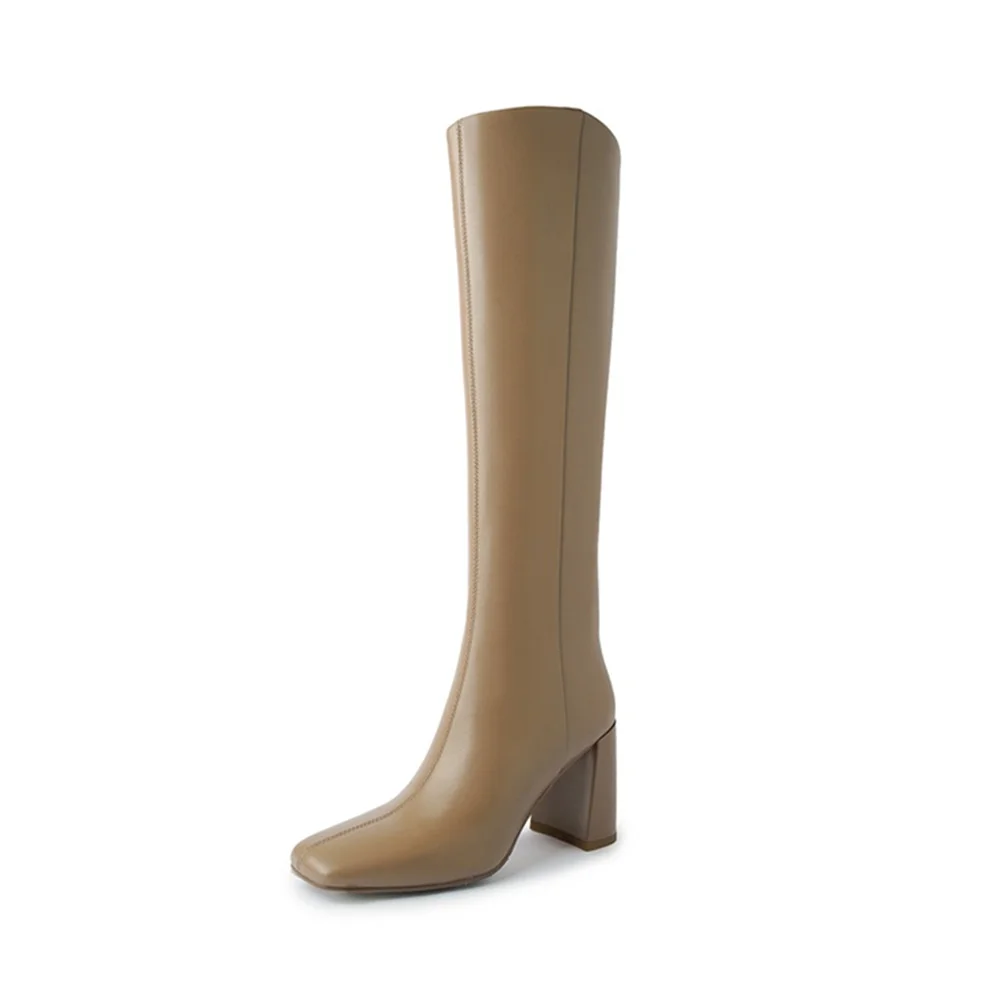 Genuine leather knee high boots with side zipper