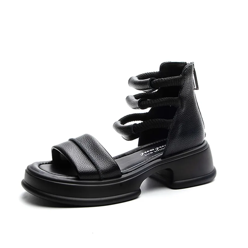 Genuine leather closed-toe platform sandals with back zipper