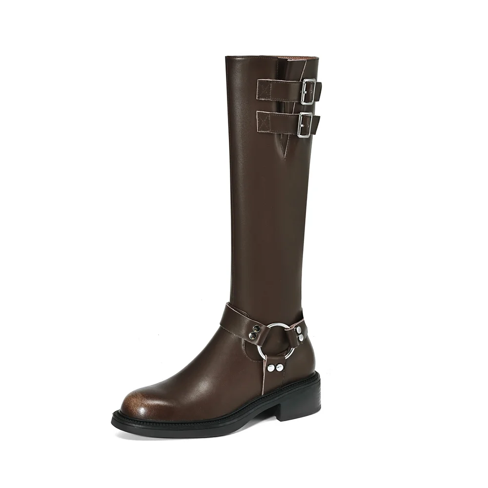 Genuine leather knee high buckle boots for women