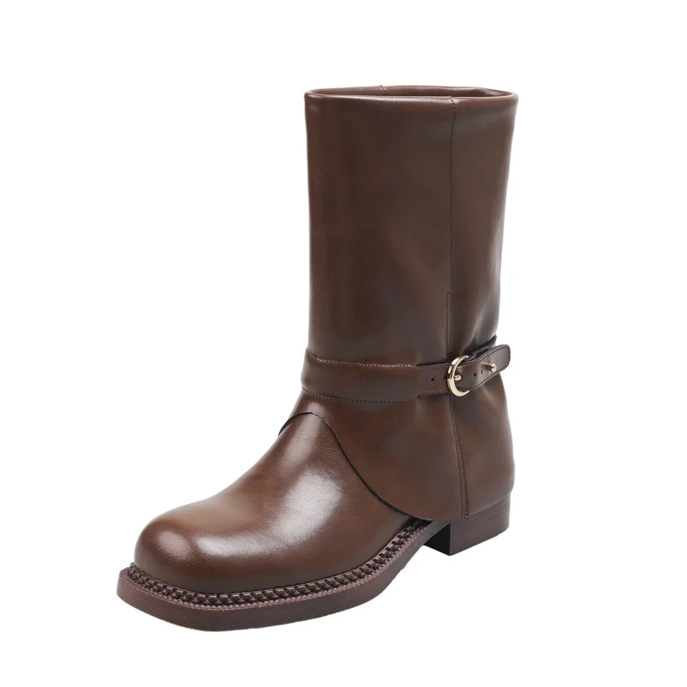 Genuine leather mid-calf motorcycle boots with buckles