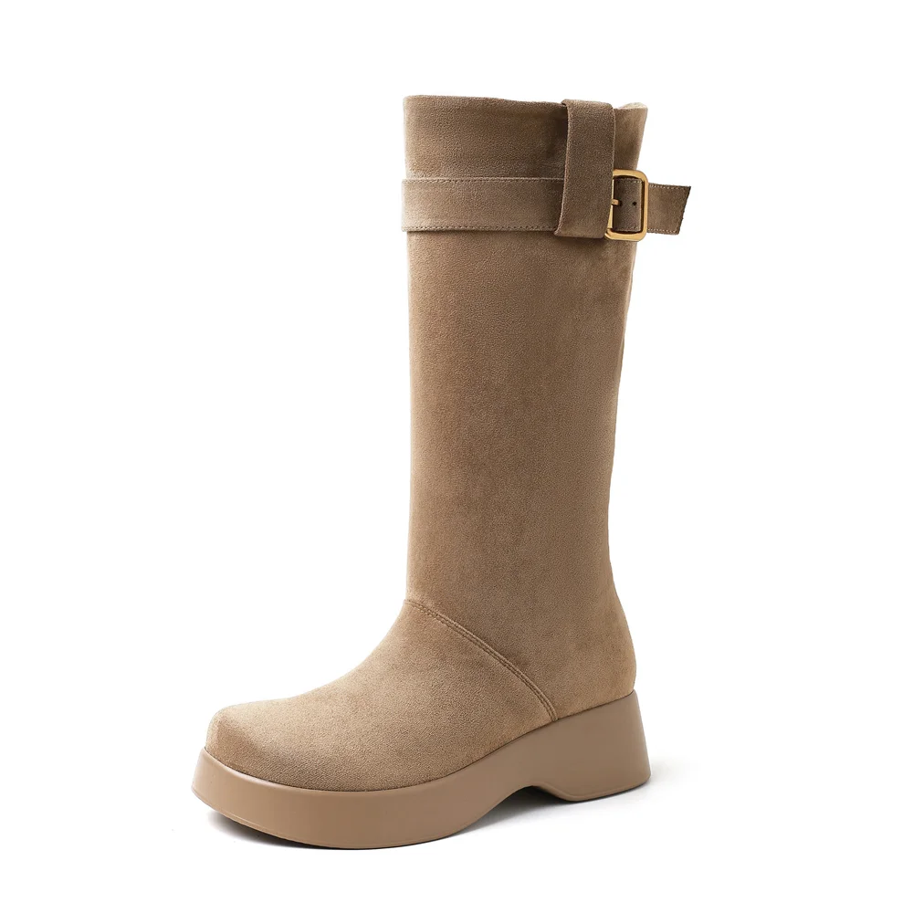 Retro mid-calf flock wedge boots with buckles