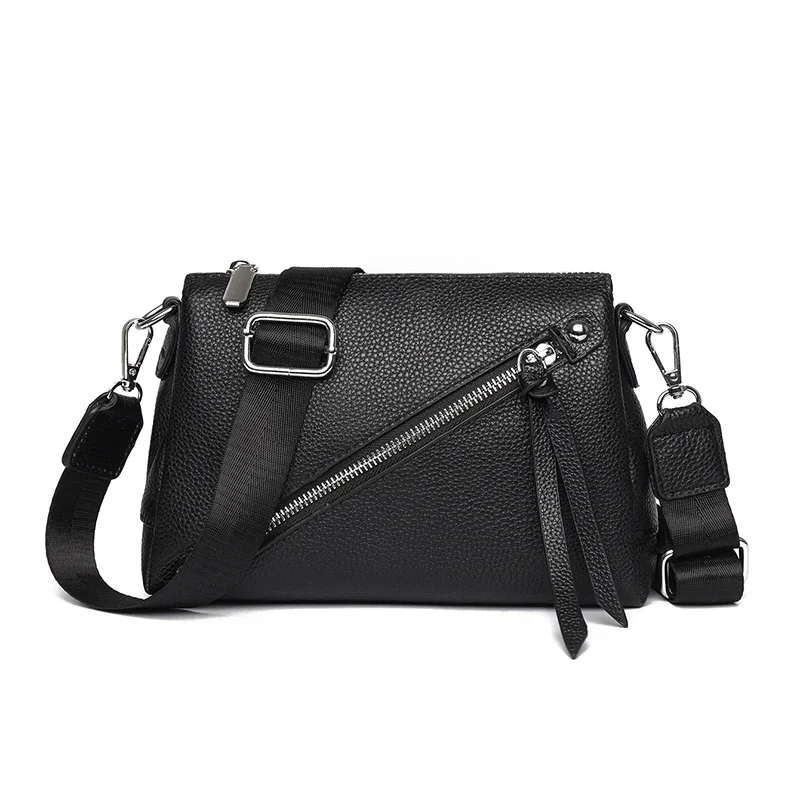 Genuine leather 3-layer crossbody shoulder bag