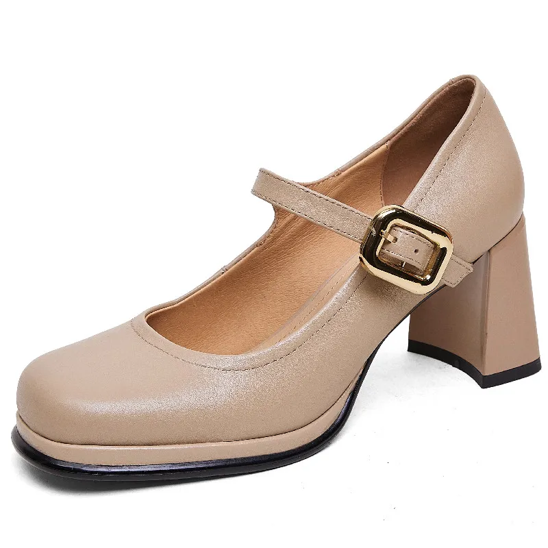Elegant leather round toe mary jane pumps