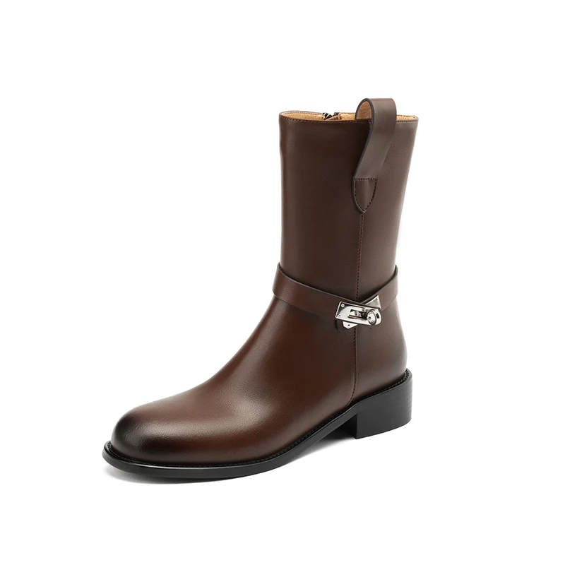 Leather motorcycle ankle boots black brown retro low heel